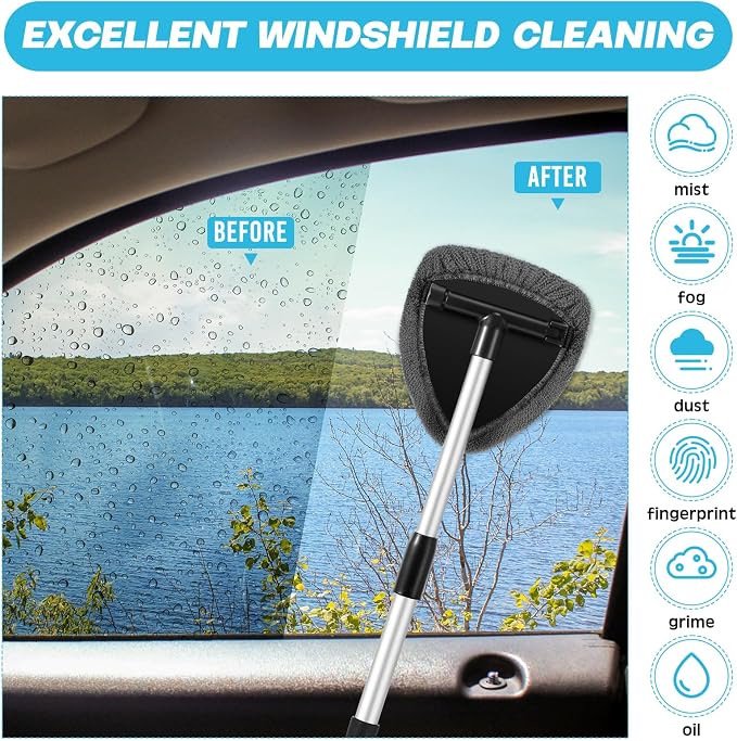 Potchen 8pcs Car Windshield Cleaner Tool with Extendable Handle, Grey | with Microfiber Towel Pads, Brush, Empty Spray Bottle, Car Window Cleaner for Auto Glass Wiper Suvs Rvs & Home Windows