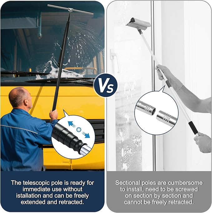 12-51’’ Telescopic Window Squeegee for High Windows, 2-in-1 Window Cleaning Kit with Extra Silicone Blade & Hook, Professional Squeegee for Shower Glass Doors (Window Squeegee Set)