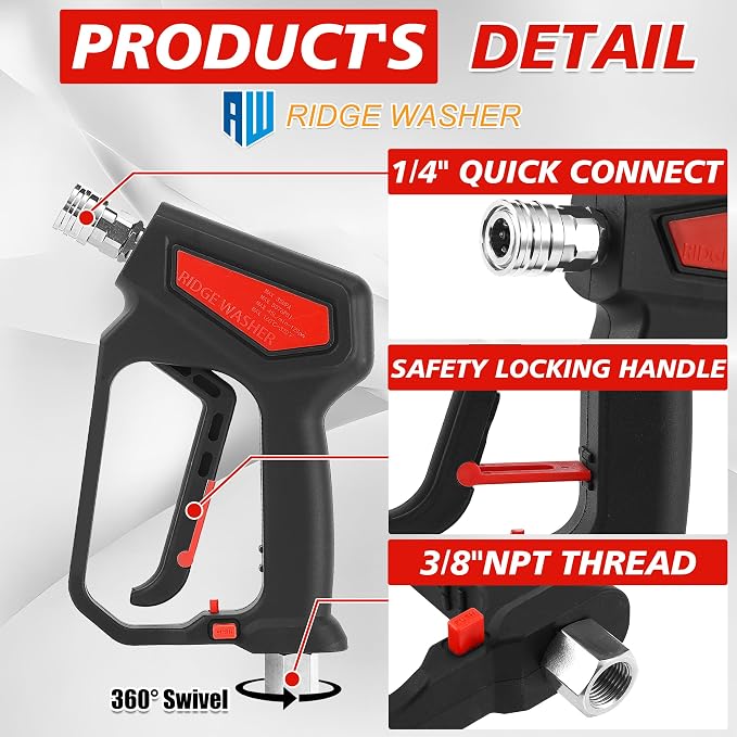 RIDGE WASHER Pressure Washer Gun 5000 PSI, 1/4'' Quick Connector | Power Washer Short Gun with 3/8" Quick Connect, 12 GPM, M22 Fitting