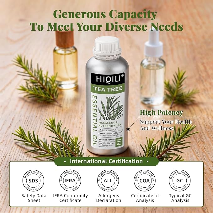 HIQILI Tea Tree Oil Large Capacity for DIY Candles, Soaps and Nail Care | Ideal for Home Stockpile, Foot Spa, Nail Salon, Beauty Salon, Hotel, DIY Studio - 1000ml/32 fl oz