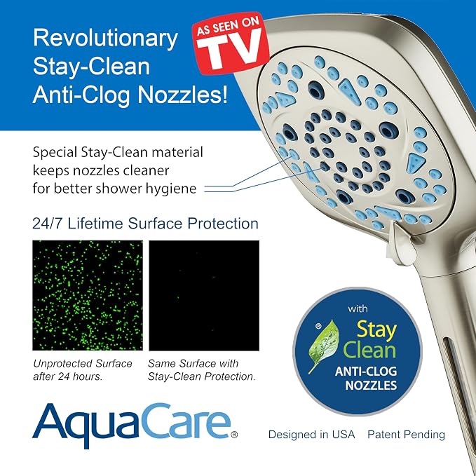 AquaCare 82-Mode High Pressure 6-way Combo with Filter & 2-mode Power Wash | Filters Chlorine & Toxins, Softens Hard Water for Healthy Skin & Hair. Handheld Shower Head Cleans Tub, Tile & Pets / Nickel