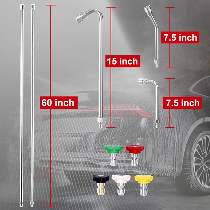 120" Pressure Washer Extension Wand with 5 Nozzle Tips, 4000 PSI | 1/4" Quick Connect, 30/90/120° Curved Rods, Power Washer Extension Pole Kit for Gutters, Eaves, and Vehicle Underside