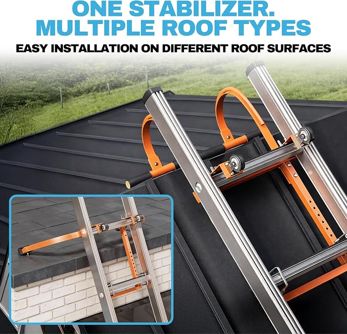 2-in-1 Heavy Duty Ladder Stabilizer with Roof Hooks, 500 LBS Steel Standoff, Non-Slip Rubber Feet for Gutter Cleaning, Roof Work & Walls | Fits Extension, Straight & Telescoping Ladders