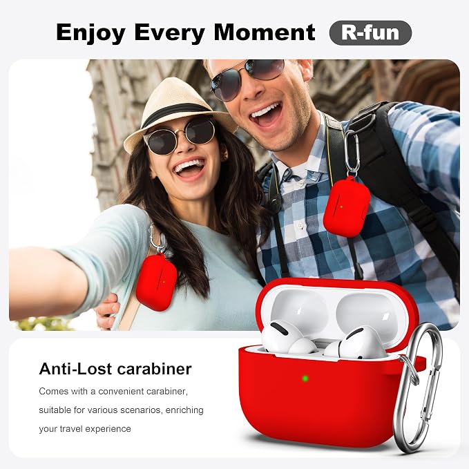 R-fun for AirPods Pro 2 Case, Soft Silicone Protective Cover with Keychain and Cleaning Pen, Compatible with AirPods Pro 2nd/1st Generation, Supports Wireless Charging, Red