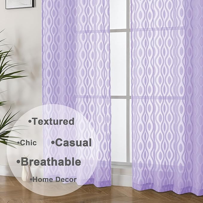 Aiyufeng Purple Sheer Curtains 84 Inch Length 2 Panels, Solid Lightweight Clip Jacquard Light Filtering for Bedroom Living Room, Modern Wavy Line Rod Pocket, Total 80 Inches Width