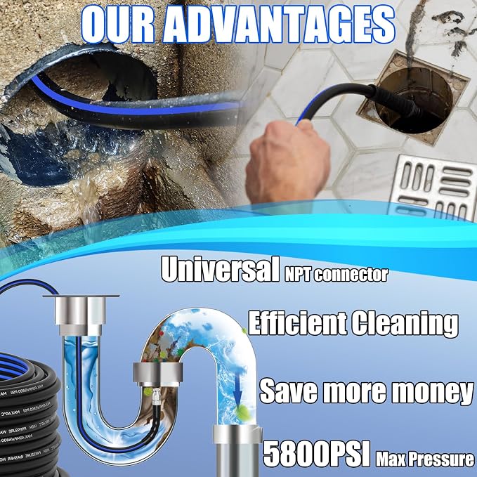 Sewer Jetter Kit for Pressure Washer(150FT),1/4" NPT Drain Cleaner Hose 5800PSI with 3 Sewer Jet Nozzles，Pearl Corsage Pin，Marking Ring,Spray Nozzle，Teflon Tape&Gloves