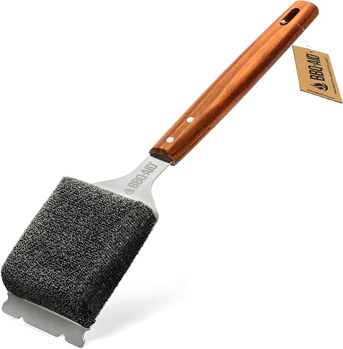 Bristle Free Grill Brush Cleaner and Scraper for Barbecue, Replaceable Head | Bristle-Free Grill Brush with Replaceable Head & Acacia Wood Handle. Heavy-Duty Scraper, No-Scratch BBQ Grate Cleaning.