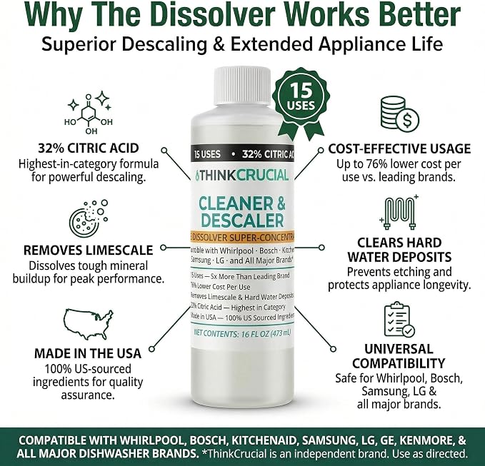 Think Crucial Dishwasher Cleaner & Descaler, 15 Uses, 75% Savings Per Use – 32% Citric Acid Liquid Concentrate – Whirlpool, Bosch, KitchenAid, Samsung, LG – 16 FL OZ