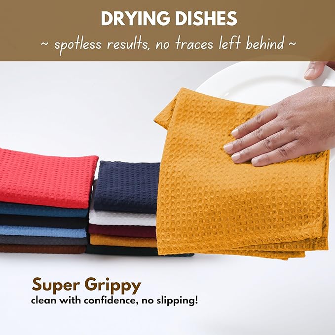 Native Fab Cotton Kitchen Towel with Hanging Loop 16x26 inches, 12-Pack, Waffle Weave Kitchen Towels for Cleaning Drying, Washcloths Soft & Absorbent Cloth Rags, Bar Towel, Dish Cloth, Mustard Yellow