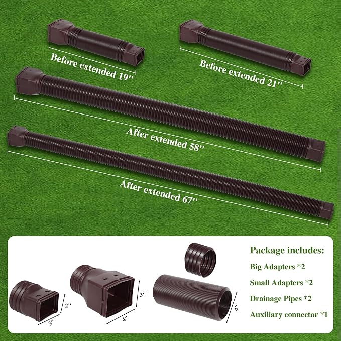 Gutterlix Flexible Gutter Downspout Extensions, Connectable Downspout Extender with 58"+ 67" Extendable Pipe, Thickened Down spout Drain Extension for Rainwater Drainage(2 Pack, Brown)