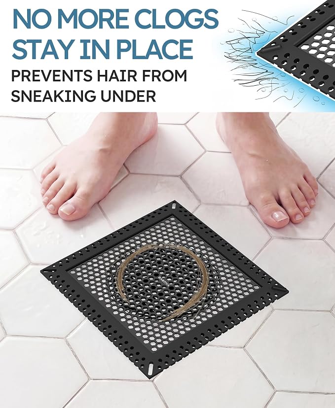 Square Shower Drain Hair Catcher, Flat Shower Drain Hair Catcher, Anti-Clogging Fast Drainage, Anti-Slip, Easy Clean Fits Bathroom Hair Catcher for Shower (Matte Black, 6 inch)