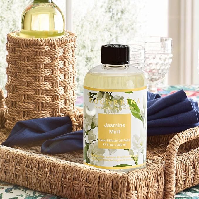Reed Diffuser Refill Jasmine&Mint 17oz (500ml) with 8 Sticks - Premium Long-Lasting Scented Oil, Home Fragrance for Bedroom, Bathroom Home Decor