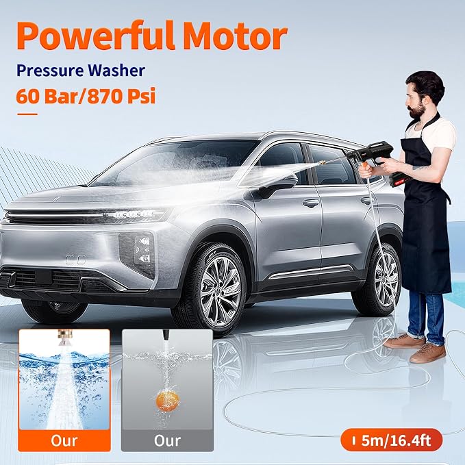 21V Cordless Pressure Washer with 2*2000mAh Battery, 1500W Portable Pressure Washer, High Jet Washer Kit with 2 Nozzles(0°,40°), 16.4FT Hose, Connector, Foam Bottle Pressure Cleaner for Car