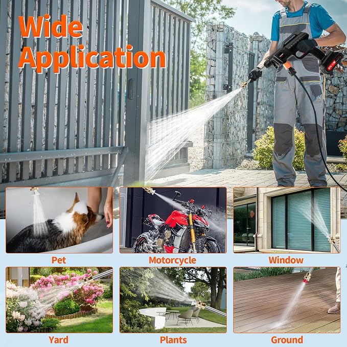 21V Cordless Pressure Washer with 2*2000mAh Battery, 1500W Portable Pressure Washer, High Jet Washer Kit with 2 Nozzles(0°,40°), 16.4FT Hose, Connector, Foam Bottle Pressure Cleaner for Car