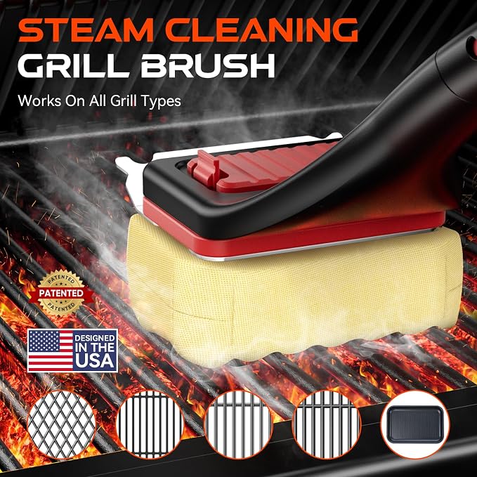 Bristle Free Grill Brush with Scraper, Safe Steam Clean BBQ Grill Cleaner, Long Handle Replaceable Head Grill Cleaning Brush for Outdoor Grill