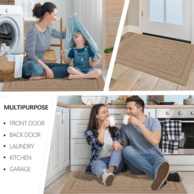 FONEYI Indoor Door Mat 20" x 32", Dirt Trapper Door Mats Non-Slip Entryway Rugs Washable, Absorbent Resist Dirt Welcome Mat, Low Profile Inside Floor Mats for Front Back Door and Entryway, Beige