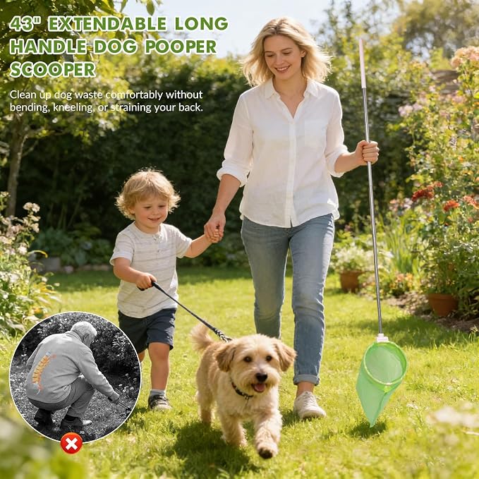 Dog Pooper Scooper, 43" Extendable Pooper Scooper Long Handle with 120 Bags | Portable Poop Scoop for Small Medium Large Dogs, No Touch, Stainless Steel, Lightweight, Foldable, Suit Yard,Wild, City, Park