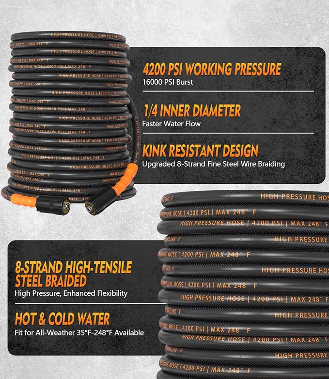 Pressure Washer Hose 50 ft, 4200 PSI Steel-Braided & Durable - Flexible & Kink-Resistant, Power Washer Hose with M22-14mm Stainless Steel Swivel Plug, Hot/Cold Water Compatible - Black
