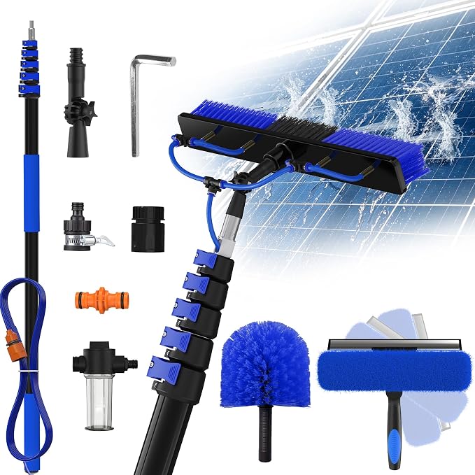 Buyplus 30FT Reach Solar Panel Cleaning Brush Kit with 5-24FT Telescoping Pole, Water Fed Window Cleaner Tool with 20" Brush, Soap Dispenser, Cobweb Duster, Squeegee for Roof, RV, Gutter, Deck,Blue