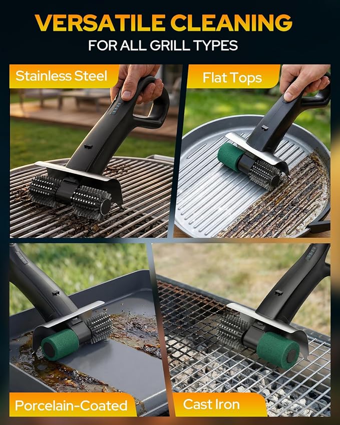 Cordless Electric Grill Brush, BBQ Grill Cleaner with 800RPM High-Speed Motor, 25kgf High Torque, 3500mAh Rechargeable Battery, 180-Min Runtime, 2 Replaceable Brush Heads, LED Light & Scraper