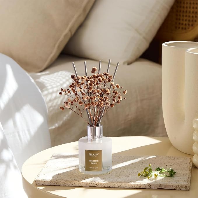 Reed Diffuser Set,3.38 fl oz (100 ml) - Moroccan Amber Oil Diffusers with 8 Reed Sticks, Home Fragrance Reed Diffuser for Bathroom Shelf Decor