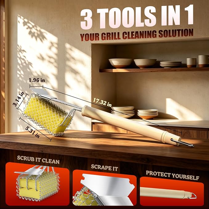 HOUSE AGAIN Bristle-Free Grill Brush with Scraper - Safe Steam Clean BBQ Brush with 18" Heat-Resistant Handle, 304 Stainless Locked-Core Mesh Head & HD Scraper | Grill Grate Cleaner Tool