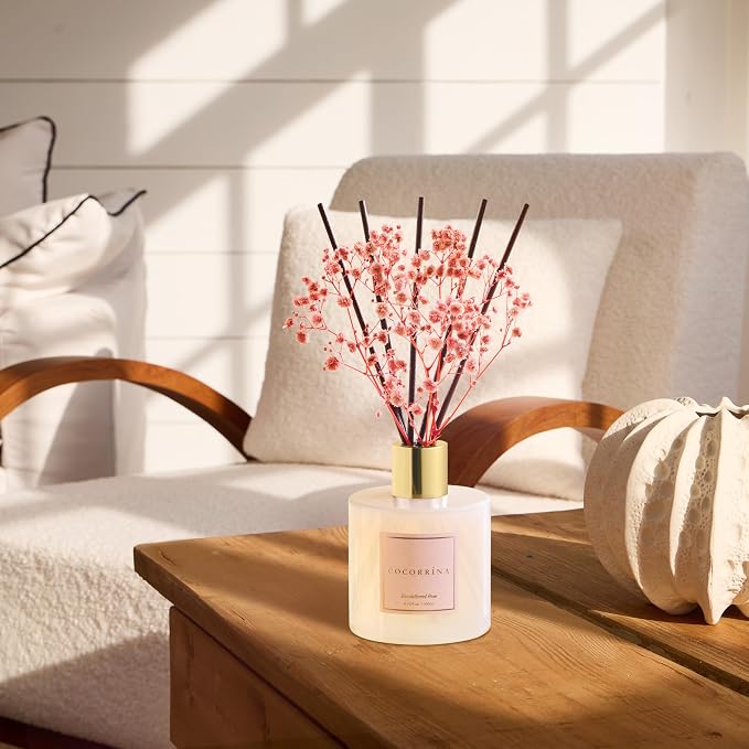 Premium Reed Diffuser Set with Preserved Baby's Breath & Cotton Stick Sandalwood Rose | 6.7oz Scent Fragrance Oil Diffuser for Bedroom Bathroom Home Décor