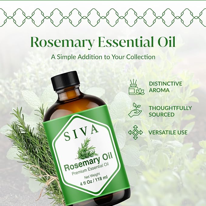 Siva Rosemary Essential Oil, Glass Bottle with Dropper, 4 Fl Oz (118 ml) | Rosemary Oil for Hair Care, Scalp Care, Diffuser, Humidifier, Skin, Body Massage, Soap Making, Candle Making & DIY Projects