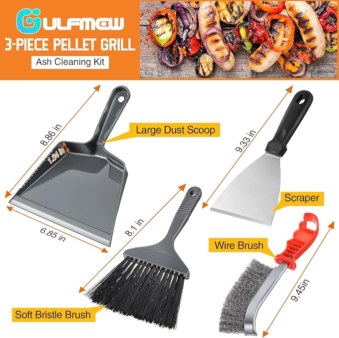 4 Piece Pellet Grill Ash Cleaning Kit, Easy to Remove Ash & Grime | Includes Large Dust Pan, Soft Bristle Brush & Metal Scraper, Compact & Portable, BBQ Grill Cleaning Essential