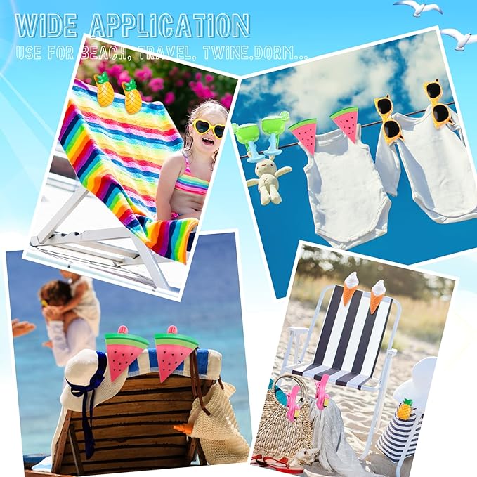 Rtteri 16 Pcs Beach Towel Clips for Beach Chairs Cute Towel Holder Cruise Clothes Pins for Lounge Chair Patio Pool, Assorted Style(Classic)