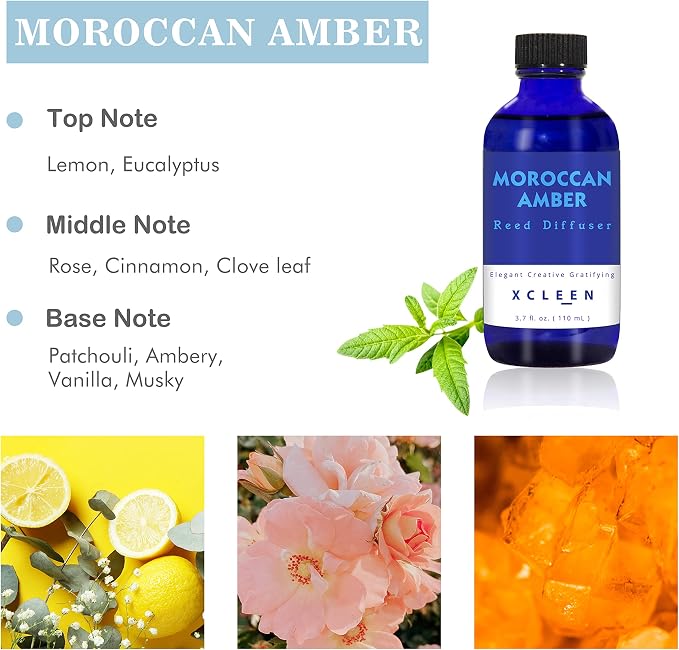 Xcleen Reed Oil Diffuser Set, Fragrance Diffuser - Floral Notes, Vanilla, Cinnamon & Amber, Includes 6 Rattan Scented Sticks Diffuser Reeds, Home & Office Decor, 110ml/3.7oz