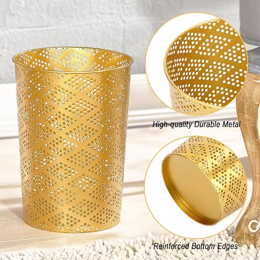 Metal Gold Trash Can, Modern Cylindrical Waste Bin for Small Spaces | 7.28" D x 10" H Luxury Gold Garbage Can | Metal Waste Basket for Office Bathroom Bedroom Decor | Modern Home Accent