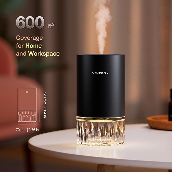 Airversa RD1 Waterless Diffuser for Essential Oil for Home, Room, Black | Up to 600 sq ft, Battery Operated, 100mL Capacity, Multi-mode Ambient Light, Mist Level and Timer Settings, Cold Air