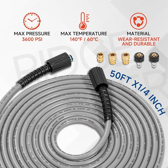 RIDGE WASHER Pressure Washer Hose 50FT, 1/4 Inch, M22 14 Fitting | Kink Resistant, 3600 PSI, Compatible with Most Pressure Washer Accessories