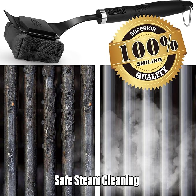 GRILLART SteamWizards Grill Brush Bristle Free Outdoor 17” No-Wire Cleaning | Safe Reinforced Long Handle, Angled Scraper Reach Corners, Steam Replaceable Pad for Porcelain & All Grate, Gifts for Men/Dad