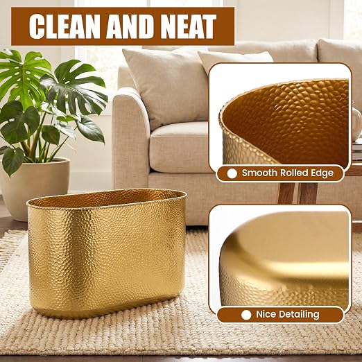 Gold Metal Oval Trash Can Wastebasket for Bathroom, Decorative Garbage Can Trash Bin for Kitchen Bedroom Home Office, Stainless Steel(14.6 x 7.9 x 7.6 Inches)