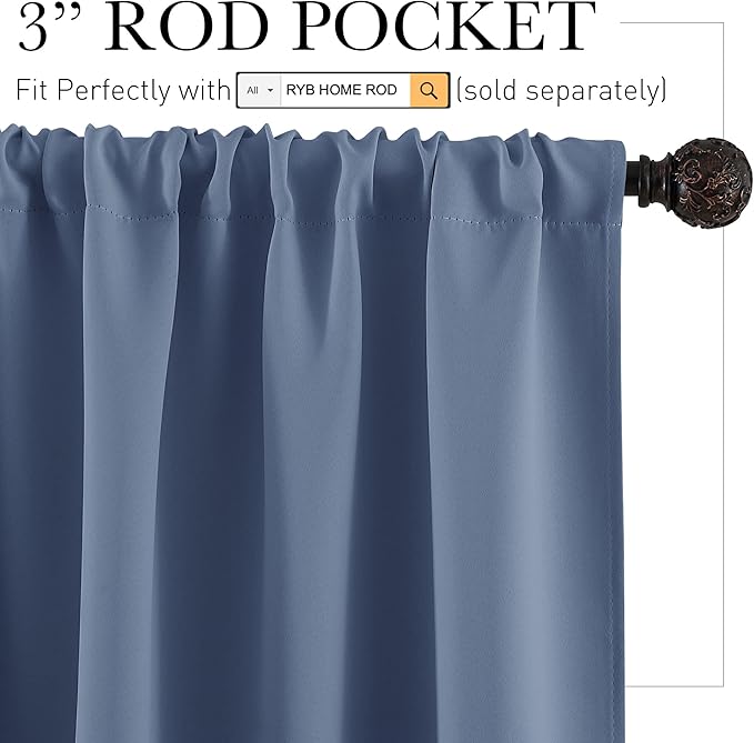 RYB HOME Bedroom Blackout Curtains - Room Darkening Noise Reducing Curtains & Drapes Solid Durable Privacy Window Treatment for Studio Living Room Playroom, W42 x L72 inch, Stone Blue, 1 Pair