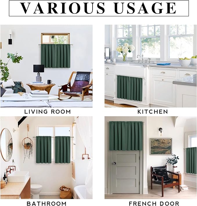 RYB HOME Small Curtains for Door Windows - Blackout Thermal Insulating Drapes for Home Theatre Bathroom Basement Cafe RV Camper Windows Blinds, Wide 34 x Long 30, Dark Green, 1 Pair