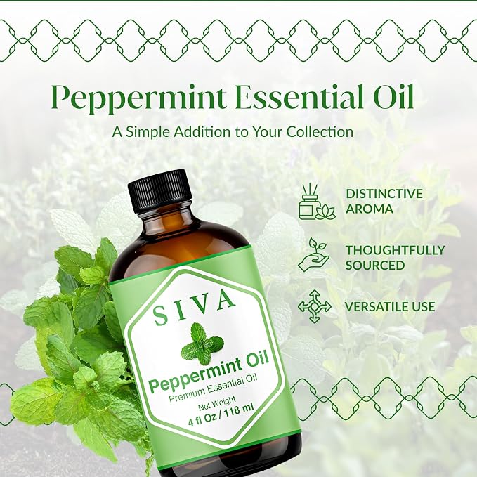 Siva Peppermint Essential Oil, Glass Bottle with Dropper, 4 Fl Oz (118 ml) | Peppermint Oil for Diffuser, Humidifier, Skin Care, Hair Care, Scalp Care, Body Massage, Soap Making, Blending & DIY Projects