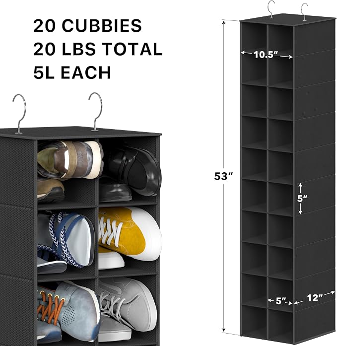 Simple Houseware 20 Section Shelves Hanging Shoes Organizer, Black | Dual Metal Hooks, 10 Tier, Holds Up to 20 lbs, for Narrow Space