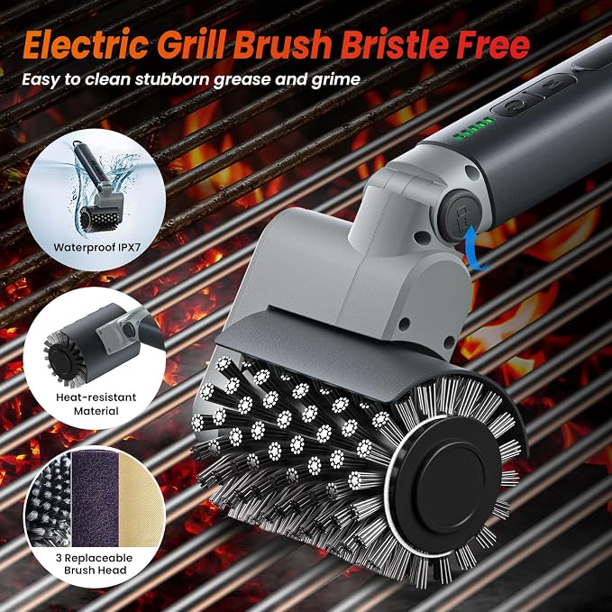 Electric Grill Brush for Outdoor Grill,150Mins Runtime BBQ Grill Cleaner with 3 Heads,3-Speed Control&Angle Adjust,Safe for Cast Iron/Stainless-Steel Grates,Ideal BBQ Gifts for Men/Dad