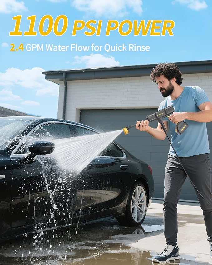 Cordless Portable Washer, 1100 PSI Battery Operated Washer with All-Copper Motor, Battery, 23FT Hose, Storage Bag; Handheld Washer; Lightweight Car Washer for Home, Garden (Titan Yellow)