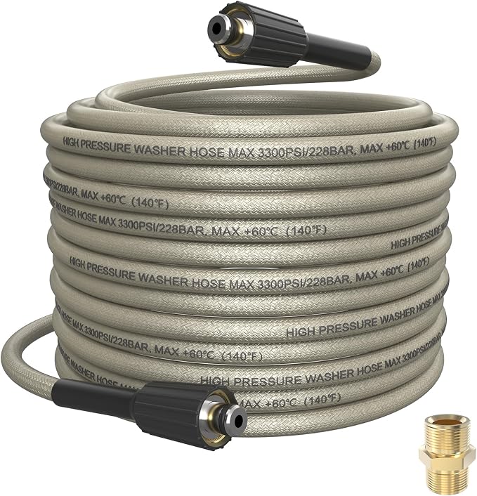 PVC Pressure Washer Hose 50 FT x 1/4", Kink Resistant Power Washer Hose, High Pressure Water Hose Extension Replacement for Home Use with M22-14mm Brass Fittings, 3300 PSI, Gray