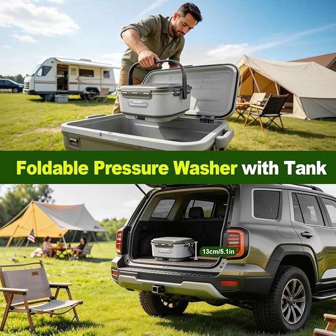 VAXMAY Portable Cordless Pressure Washer with 3.2 Gal Tank, Foldable Power Washer with 250PSI, 1.35GPM, 5 in 1 Nozzle, 3 Modes, 3H Runtime,16.4FT Hose, Portable Spray Washer for Car, Camping, Garden