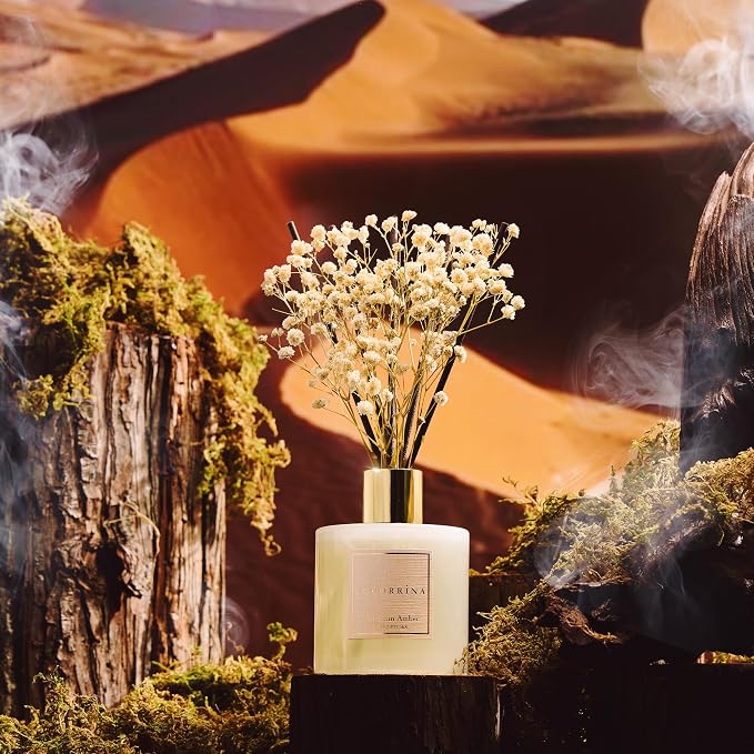 Reed Diffuser - Moroccan Amber 6.7 Fl.oz Reed Diffuser Set with Sticks & Preserved Baby's Breath, Reed Diffuser for Home Bathroom Shelf Decor