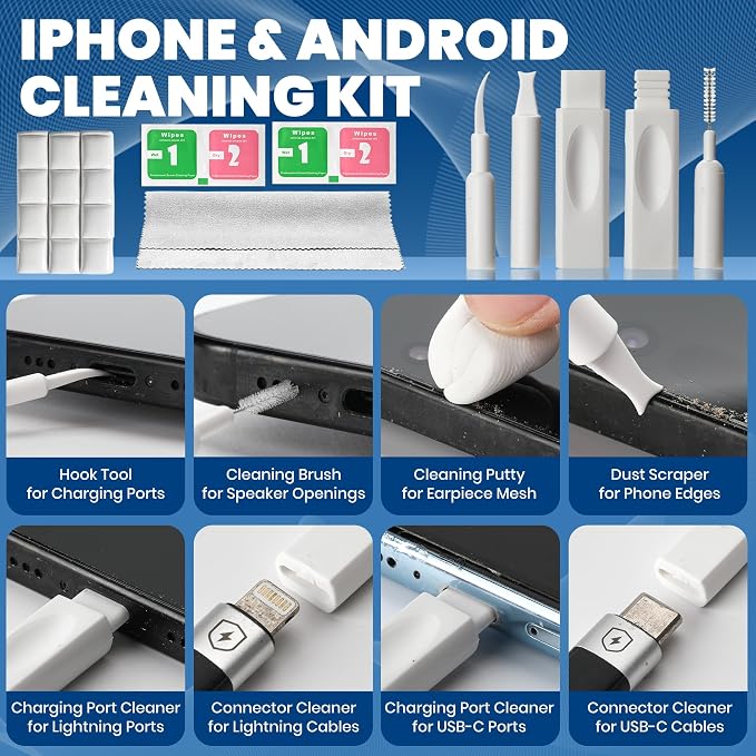 Upgraded 47PCS Phone Cleaning Kit, AirPod & iPhone Cleaner, Electronics Cleaning Tools for Charging Port/USB-C/Speaker, Laptop Cleaner for Keyboard Screen, Tech Gifts for Men, Cool Gadgets