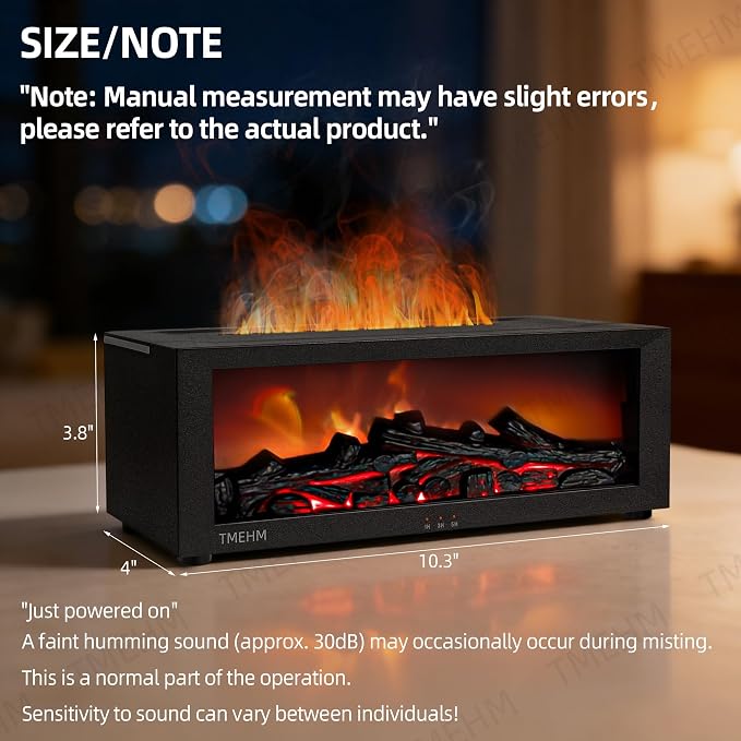 TMEHM Fireplace Flame Essential Oil Diffuser Humidifier, Aromatherapy | Ultrasonic Mist with 7 Colors and Timer for Home, Bedroom, Office, and Yoga