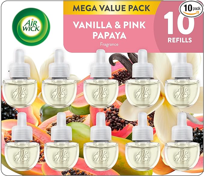 Air Wick Plug-In Scented Oil Refills, 10 Count, Vanilla and Pink Papaya, Air Freshener, Essential Oils, Eco Friendly