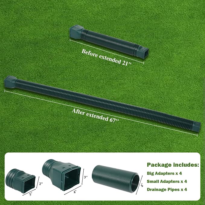 Gutterlix 4 Pack Flexible Gutter Downspout Extensions Extendable from 21" to 67", Downspout Extender Comes with Adapters, Thickened Down spout Drain Extension for Rainwater Drainage(Green)