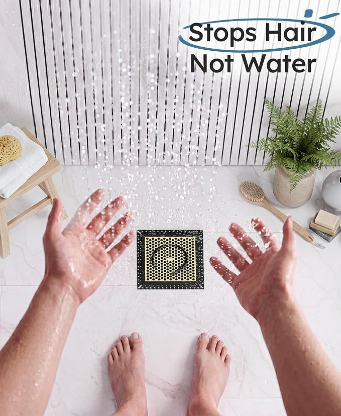 Square Shower Drain Hair Catcher, Flat Shower Drain Hair Catcher, Anti-Clogging Fast Drainage, Anti-Slip, Easy Clean Fits Bathroom Hair Catcher for Shower (Matte Black & Brushed Gold, 4 inch)